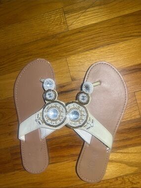 Beaded Ivory Leather Slide Sandals for Women